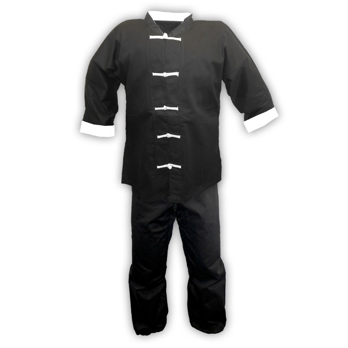 Black Kung Fu Uniform With White Frog Buttons - Black and White